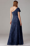 Dusty Blue A-Line One Shoulder Bridesmaid Dress with Slit