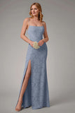 Dusty Blue Sheath Spaghetti Straps Bridesmaid Dress with Slit