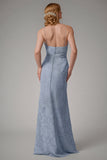 Dusty Blue Sheath Spaghetti Straps Bridesmaid Dress with Slit
