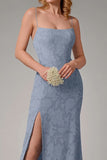 Dusty Blue Sheath Spaghetti Straps Bridesmaid Dress with Slit