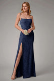 Dusty Blue Sheath Spaghetti Straps Bridesmaid Dress with Slit