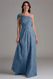Navy One Shoulder A-Line Long Choir Dress