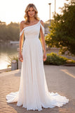 Ivory One Shoulder A Line Sweep Train Wedding Dress