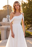 Ivory One Shoulder A Line Sweep Train Wedding Dress