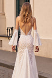Ivory Lace Mermaid Sweep Train Wedding Dress with Slit