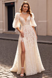 Ivory A Line Lace Half Sleeves Wedding Dress with Slit