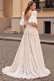 Ivory A Line Lace Half Sleeves Wedding Dress with Slit
