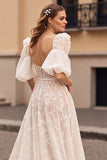 Ivory A Line Lace Half Sleeves Wedding Dress with Slit