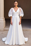Ivory A Line V Neck Satin Ruched Long Wedding Dress