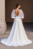 Ivory A Line V Neck Satin Ruched Long Wedding Dress