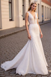 Ivory Mermaid V Neck Sleeveless Lace Long Wedding Dress