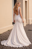 Ivory Mermaid V Neck Sleeveless Lace Long Wedding Dress