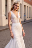 Ivory Mermaid V Neck Sleeveless Lace Long Wedding Dress