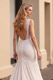 Ivory Mermaid V Neck Sleeveless Lace Long Wedding Dress