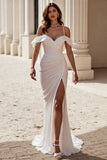 Cold Shoulder Ivory Mermaid Ruffled Wedding Dress with Slit