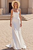 Simple Ivory A Line Scoop Neck Satin Long Wedding Dress