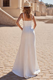 Simple Ivory A Line Scoop Neck Satin Long Wedding Dress