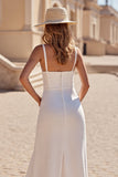 Simple Ivory A Line Scoop Neck Satin Long Wedding Dress