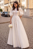 Ivory A Line Long Sleeve Appliqued Wedding Dress