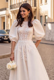 Ivory A Line Long Sleeve Appliqued Wedding Dress