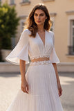 Ivory A Line Half Sleeve Appliqued Long Wedding Dress