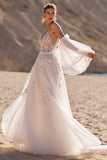 Removable Sleeve Ivory A Line Appliqued Long Wedding Dress