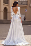 A Line 3/4 Sleeve Satin Ivory Long Wedding Dress