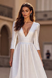 A Line 3/4 Sleeve Satin Ivory Long Wedding Dress
