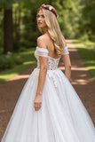 Off The Shoulder Ivory Corset A Line Appliqued Wedding Dress