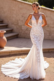 Mermaid Corset Ivory V Neck Lace Long Wedding Dress