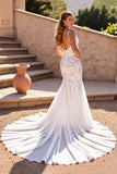 Mermaid Corset Ivory V Neck Lace Long Wedding Dress