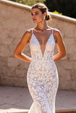 Mermaid Corset Ivory V Neck Lace Long Wedding Dress