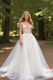 A Line V Neck Ivory Wedding Dress with Appliques