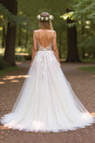 A Line V Neck Ivory Wedding Dress with Appliques