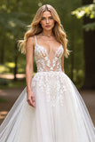 A Line V Neck Ivory Wedding Dress with Appliques