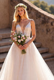 A Line V Neck Ivory Appliqued Wedding Dress