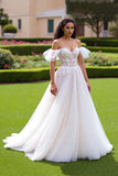 Off The Shoulder Ivory A Line Appliqued Wedding Dress