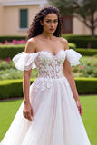 Off The Shoulder Ivory A Line Appliqued Wedding Dress