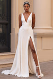 Ivory A Line V Neck Satin Wedding Dress with Slit
