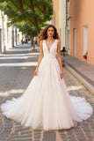 A Line V Neck Ivory Pleated Wedding Dress