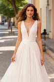 A Line V Neck Ivory Pleated Wedding Dress
