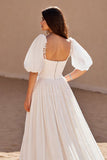 Ivory A Line Half Sleeves Long Wedding Dress