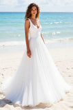 Pleated A Line V Neck Ivory Long Wedding Dress