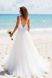 Pleated A Line V Neck Ivory Long Wedding Dress