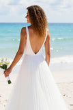 Pleated A Line V Neck Ivory Long Wedding Dress