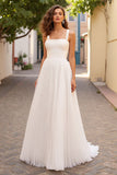 Pleated A Line Ivory Tulle Long Wedding Dress