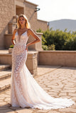 Ivory Mermaid V Neck Lace Long Wedding Dress
