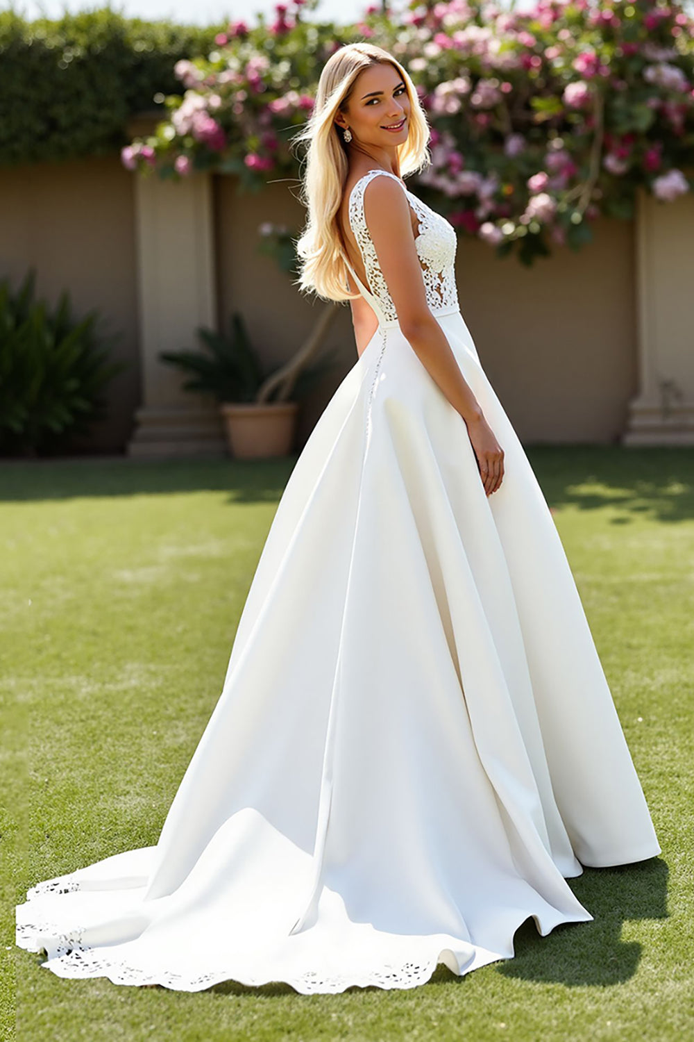 women satin a line wedding dress uk A-line V-neck Court Train Satin Wedding Dress