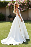 A Line V Neck Ivory Satin Long Wedding Dress