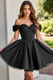 Black A Line Ruched Short Graduation Dress with Appliques